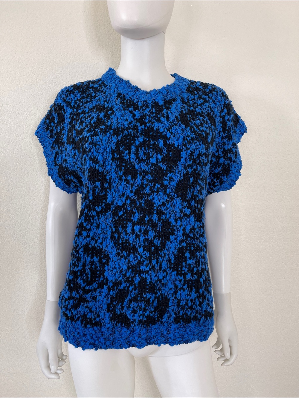 Textured Blue and Black Short-Sleeve Knit Top